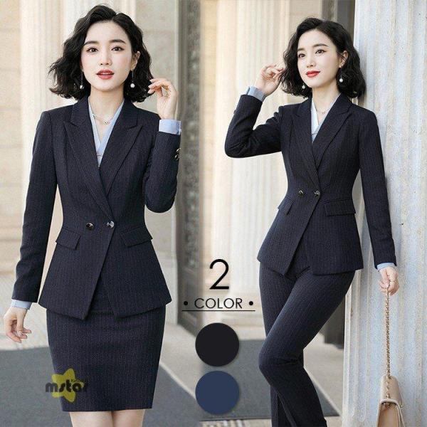 スカートスーツパンツスーツスーツレディースストライプ柄ビジネスオフィスリクルートフォーマル2点セット...