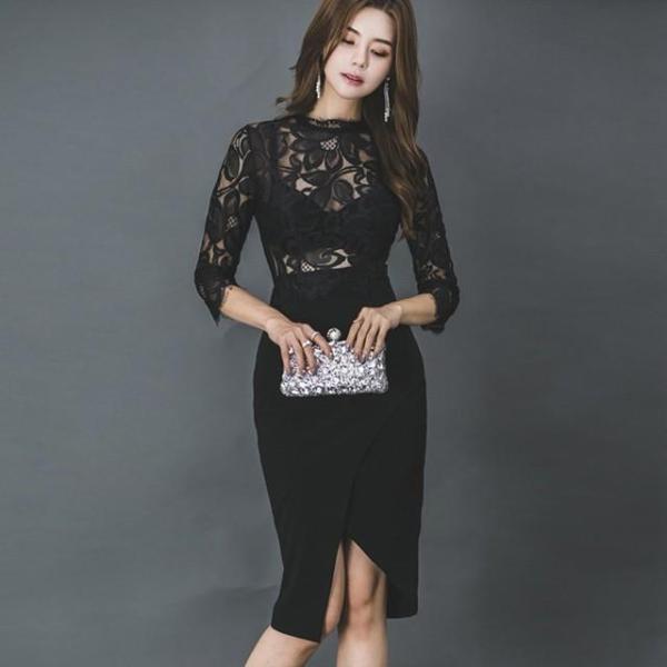 黒ワンピース 膝丈 タイトワンピース 透かし彫り 不規則 レース ワンピース 大人 20代 30代 ...