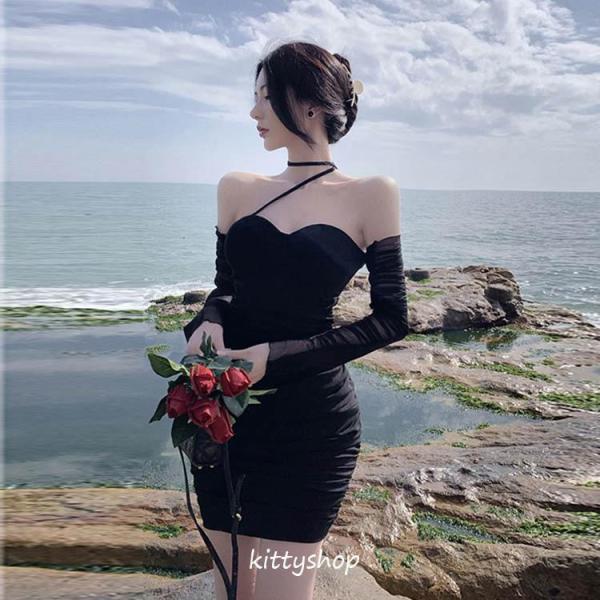 ワンピース キャバドレス オフショルダー  お嬢様 ミニワンピース チュール ブラック 袖あり ショ...