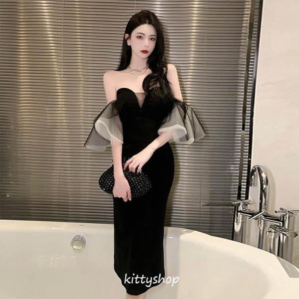 オフショルダー ワンピース キャバドレス フェミニン  ブラック 黒 お嬢様 肩出し ラッパ袖 チュ...