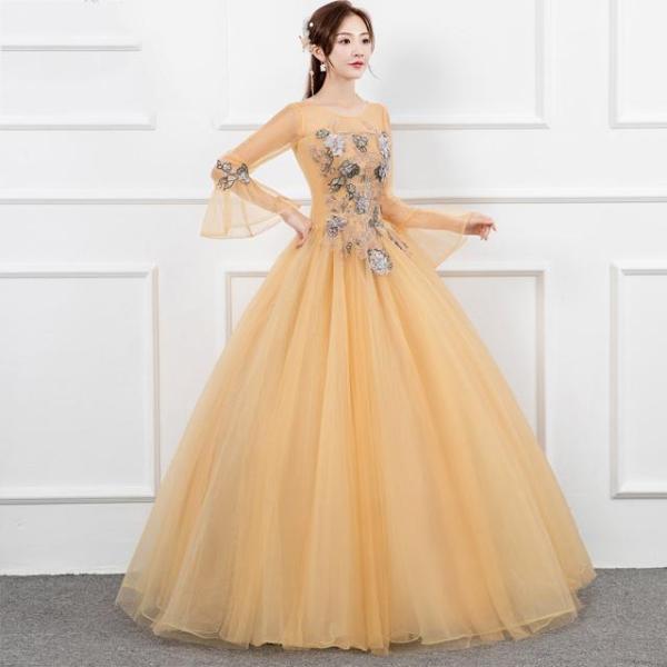 ロングドレス 刺繍花柄 長袖 フレア袖 オレンジ イブニングドレス ロング丈 Aライン 編み上げ 発...