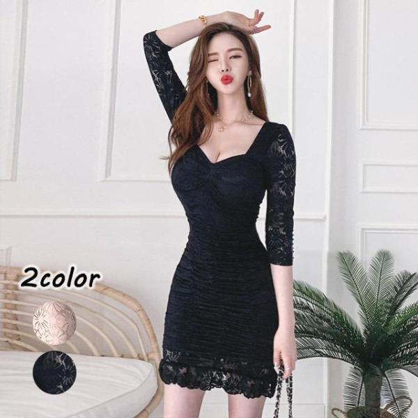 ミニワンピース タイト レースワンピース Vネック マーメイドワンピース キャバドレス レース ブラ...