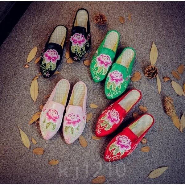チャイナ靴レディースミュール刺繍コンフォートサンダル中華シューズ布靴ローヒール花柄