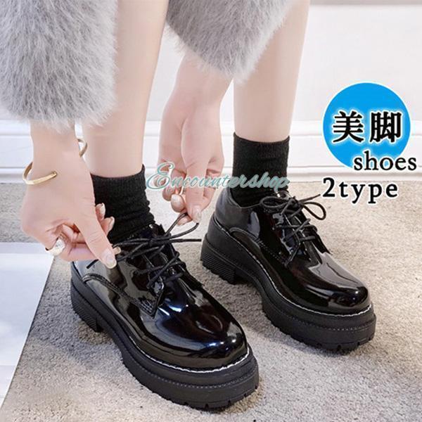 レディース 革靴 厚底シューズ ローファー モカシン JK パンプス 太めヒール　靴ひも 黒 裏起毛...