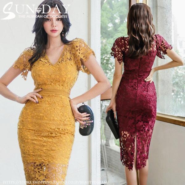 キャバドレス 通勤ワンピース ライン キャバクラ 大 膝丈 半袖 V襟レース  OL通勤 20代30...