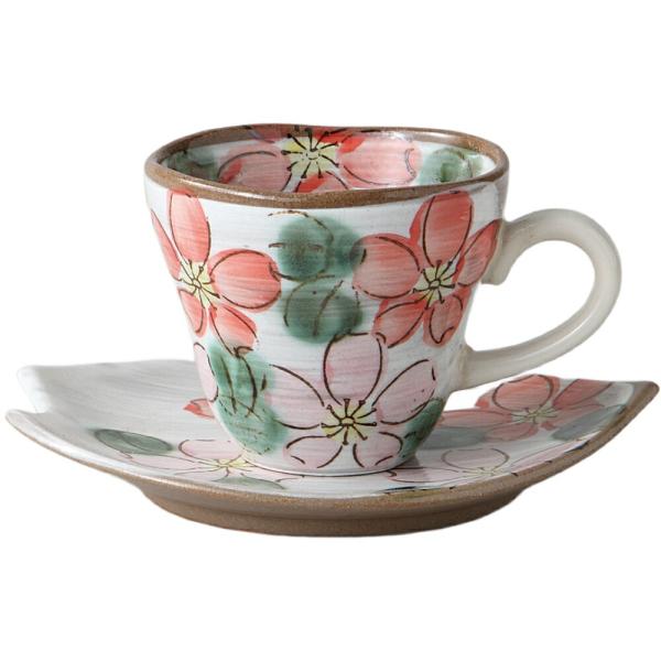 コーヒーカップ＆ソーサー 手描き 赤桜 コーヒー碗皿 美濃焼 日本製 食洗機対応 かわいい