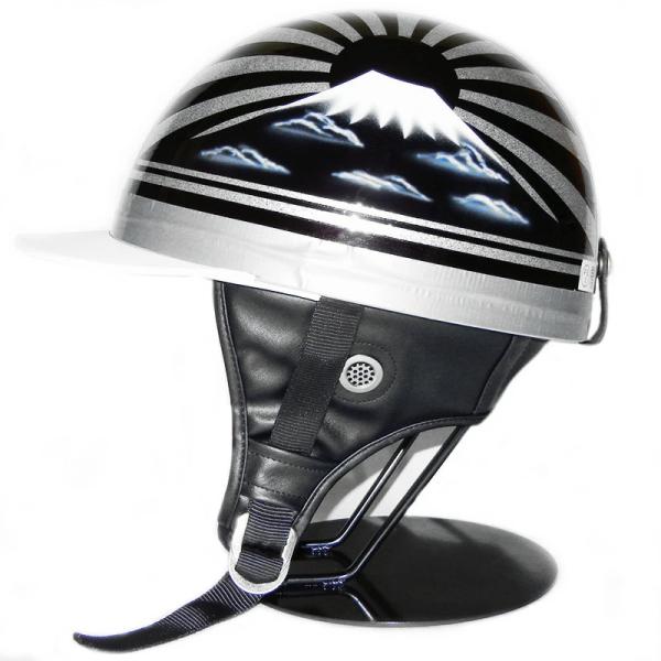 ドリーム カスタムペイント コルク半キャップ ヘルメット 富士日章ブラックメタル 白ツバ 白ツバハー...