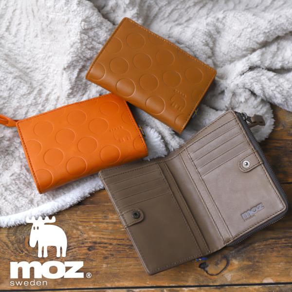 二つ折り財布 本革 カウレザー moz モズ コンパクト 薄い 小銭入れ 北欧 水玉 刻印