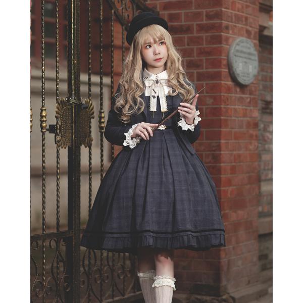 ロリィタ 秋冬 制服 学園風 チェック柄 ジャンパースカート ワンピース ドレス JK 学園 かわい...