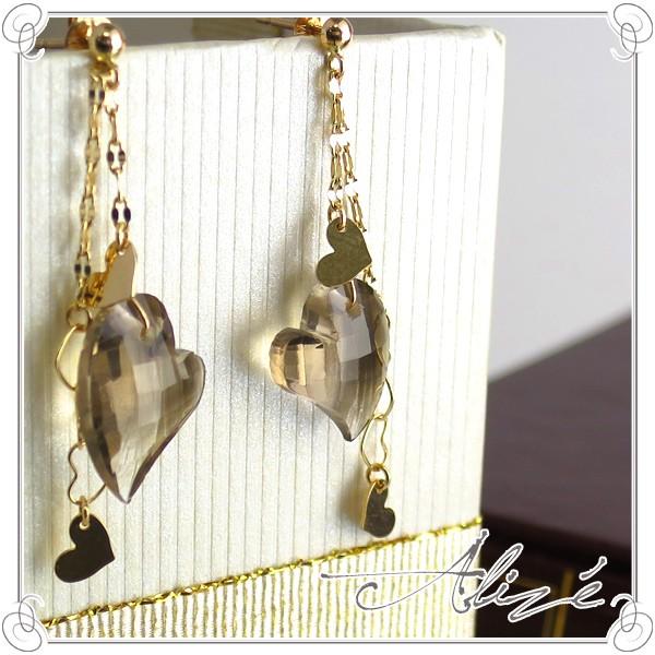 スモーキークォーツ ピアス レディース ゆれる 天然石 ゴールド ハート チェーンピアス 10金 K...