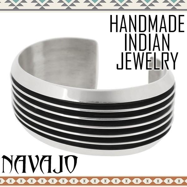 Indian Jewelry バングル ナバホ族 ディープブラック ストライプ シルバー メンズ ブ...