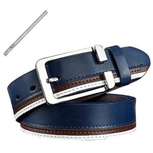 ベルト 革 レザー メンズ サイズ調整可能 ライン入り カジュアル ゴルフ スポーツ ネイビー