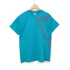 クルーネック半袖Tシャツ　蓮と猫　ターコイズM　cut　art　さとうみよ　10519-8　手刷り印刷 1点物です　●ネコポス可●｜all-kkclimb