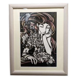 切り絵 原画作品 さとうみよ 作品名 毛繕い 三毛 額入り frame0001