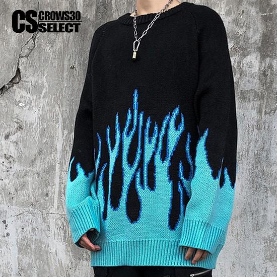 ニットソー メンズ セーター ファイヤーパターン ファイア ロングTシャツ 個性的 お兄系 ホスト ...