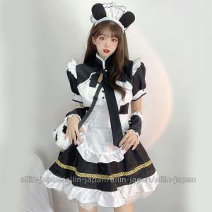 メイド服 ミニ丈 メイド喫茶 メイドコスチューム ジャパニーズメイド パンダメイド服 5点セット ミニスカ ハロウィン 衣装 仮装 パーティ コスプレ ウェイトレス｜allin-japan