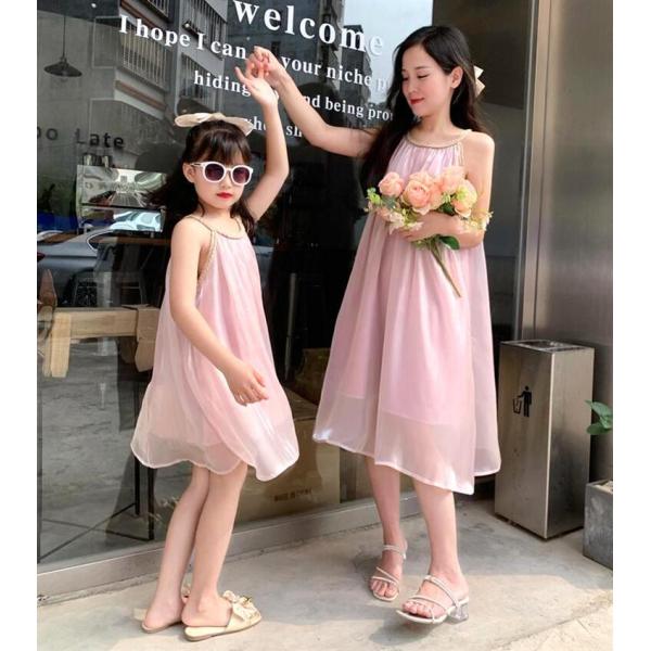 親子 ワンピース ノースリーブ 子供ワンピース 体型カバー 春夏  ピンク キッズワンピース 親子お...