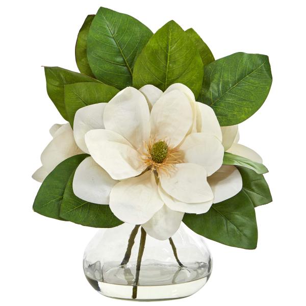 Nearly Natural 18in. Magnolia Artificial Glass Vas...