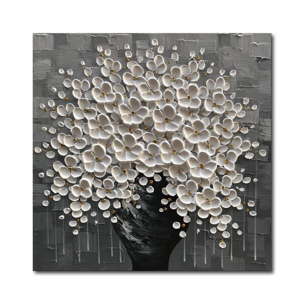 【並行輸入品】Diathou 手描き 3D 花の絵画 白い花 黒い花瓶 60.96cm x 60.9...