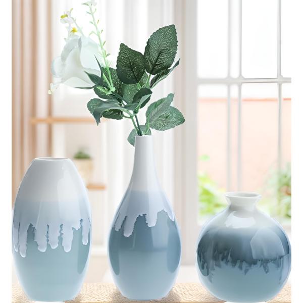 【並行輸入品】skyehomo ブルーセラミック花瓶 3個セット 釉薬デザイン セラミック花瓶セット...