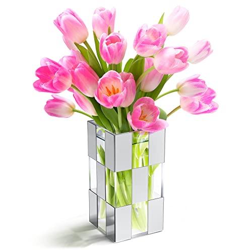 【並行輸入品】Elavain アクリルガラス花瓶 花用 透明花瓶 シルバーミラーチェックデザイン モ...