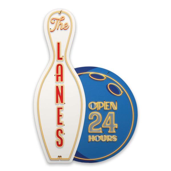 Bowling Lanes Open 24 Hours メタルサイン ヴィンテージボーリングサイン ...