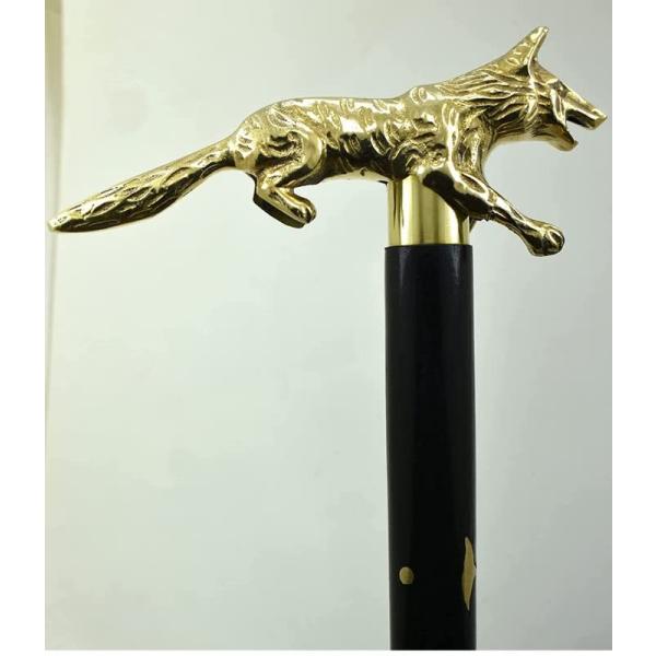 Antique Gallery Brass Wolf Handle Black Wooden Wal...