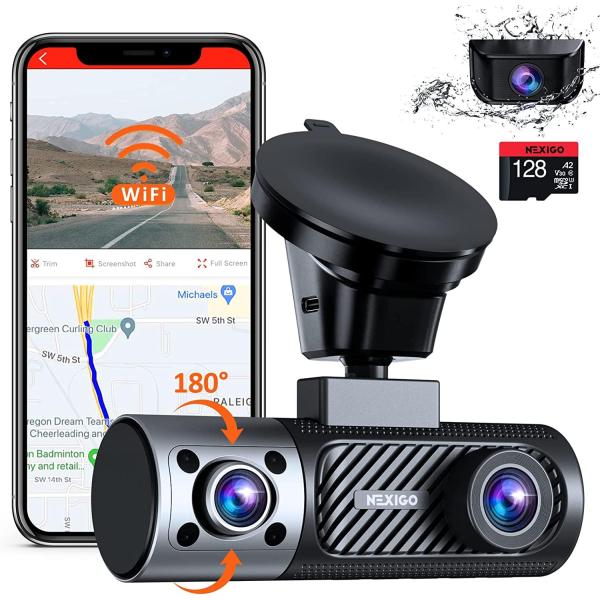 NexiGo 3 Channel Dash Cam with Rotatable Interior/...