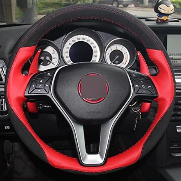 DIY 手縫い車のステアリング ホイール カバー レッド レザー スエード アクセサリー、メルセデス...