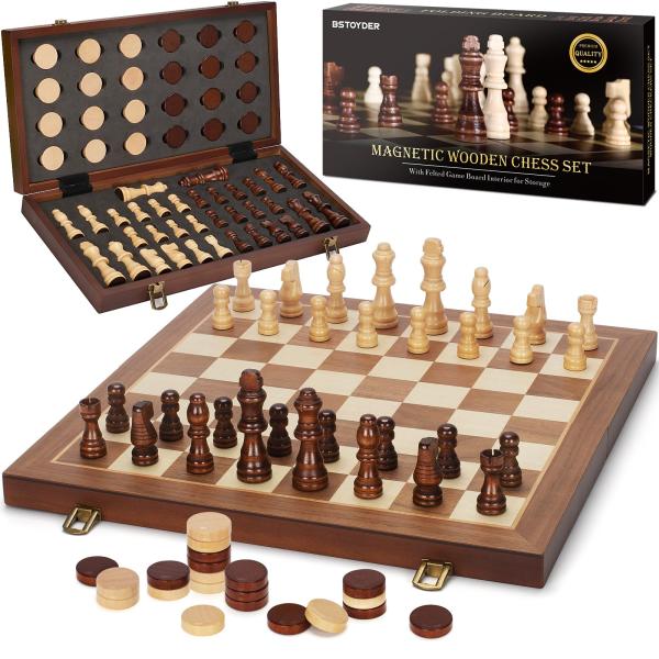磁気木製チェスとチェッカーゲームセット 2 in 1 Magnetic Wooden Chess a...