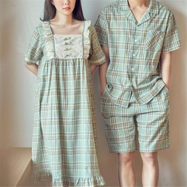 ナイトドレス 女性の半袖ロングプラスサイズドレスカップルパジャマメンズホームウェア (Color :...