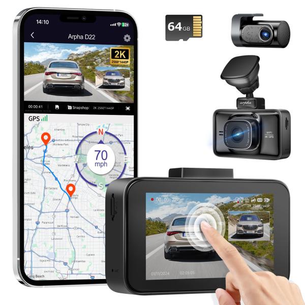 Arpha Dash Cam Front and Rear 2K/1080P, Free 64GB ...