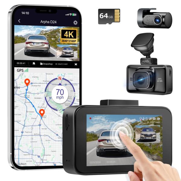 Arpha 4K Dash Cam Front and Rear 4K/1080P, Free 64...