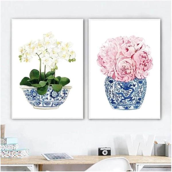 ZYRQART Blue And White Chinese Vase Watercolor Flo...