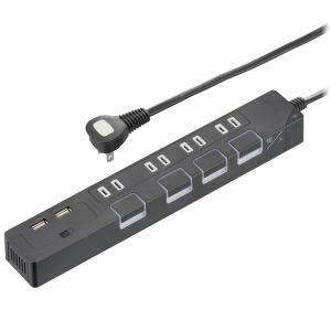 オーム電機 USB充電ポート2口付雷ガード付節電タップ (コンセント4個口/コード長2m/ボタン式個別スイッチ/本体色ブラック) HS-TPKU42K-22 (00-1669)の商品画像