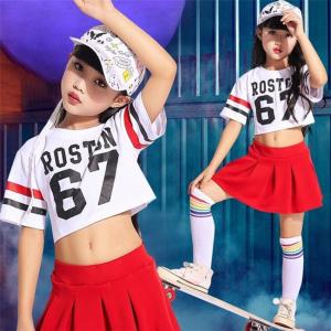 キッズダンス衣装女の子ガールズセットアップキッズダンスチア安いチア衣装白Ｔシャツスカート子供ダンスウェア団体イベント