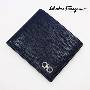 フェラガモ FERRAGAMO 二つ折り財布  財布（小銭入れ付き）ネイビー×ブラック  ブランド ギフト 誕生日 プレゼント お祝い 父の日 FG-223｜allzoo