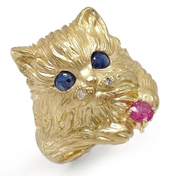 指輪 猫 リング K18イエローゴールド ネコ ピンキー 指輪 9月 誕生石 サファイア ルビ― 2...