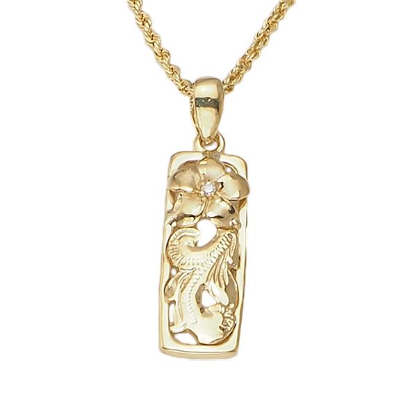 ハワイアンジュエリー 14K ゴールド ペンダント 透かし スクロール プルメリア ダイヤモンドトッ...