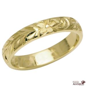 ハワイアンジュエリー リング 指輪 結婚指輪 オーダーメイド 重厚な立体感2mm厚 幅4mm 14k グリーンゴールド バレルリング｜aloalo
