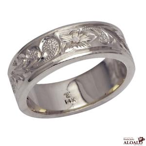 ハワイアンジュエリー リング 指輪 結婚指輪 オーダーメイド 基本の1.25mm厚 幅6mm 14k ホワイトゴールド フラットリング｜aloalo