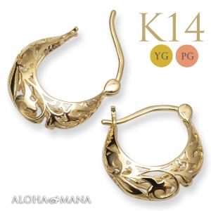 ハワイアンジュエリー ピアス  透かしフープピアス k14ゴールド レディース｜alohamana