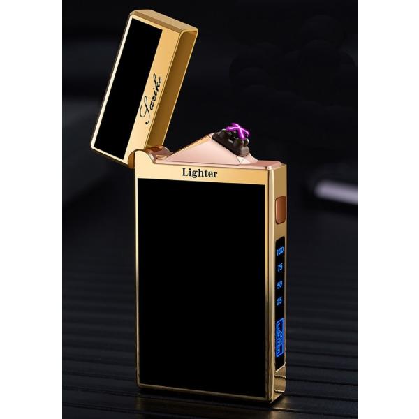 プラズマライター 黒金色 金部分ストレート柄 電子ライター プラズマ着火 USB 充電式 ブラックゴ...