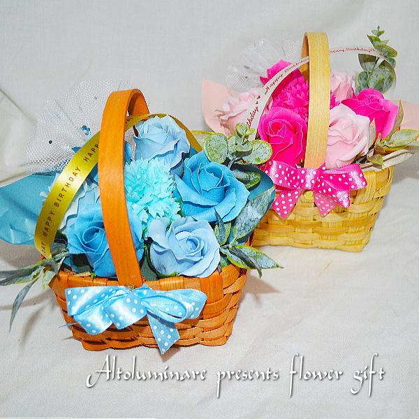 ソープフラワー　「Hsppy Birthday」　かごに入ったかわいいアレンジ