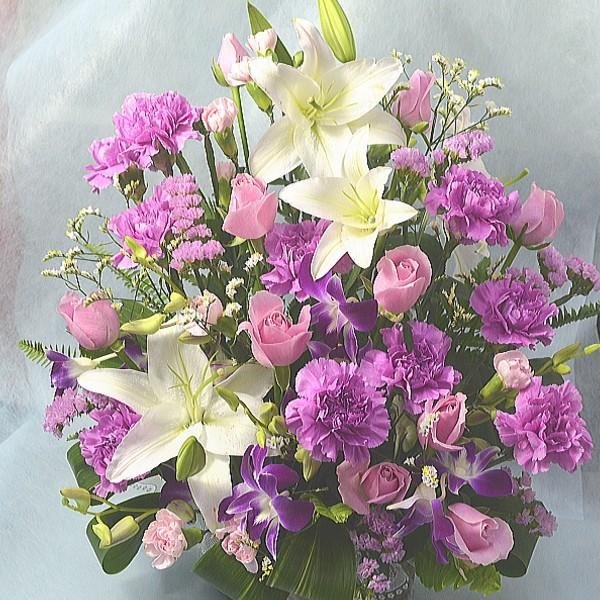 アレンジメント　ピンク系ユリとバラのお祝いアレンジメント