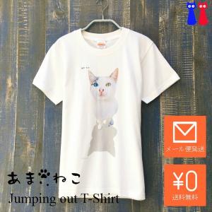 オッドアイ　飛び出し風ネコTシャツ　XS〜Lサイズ　白 ホワイト　シンプル　メンズ　レディース　雑種　野良猫｜amaneko