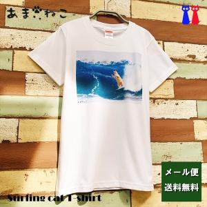 サーフィン猫 Tシャツ　XS〜Lサイズ　メンズ　レディース　綿100%　厚手　マリンスポーツ　サーフィン　ボディボード　ホワイト　ユニーク｜amaneko