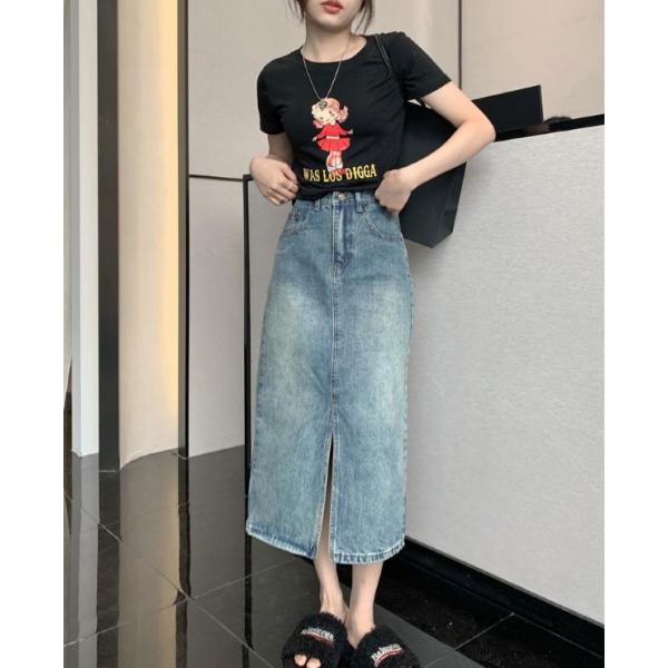 デニムスカート ミモレ丈 Aラインフロントスリット ボトムス カジュアル ビンテージ風 ロングスカー...