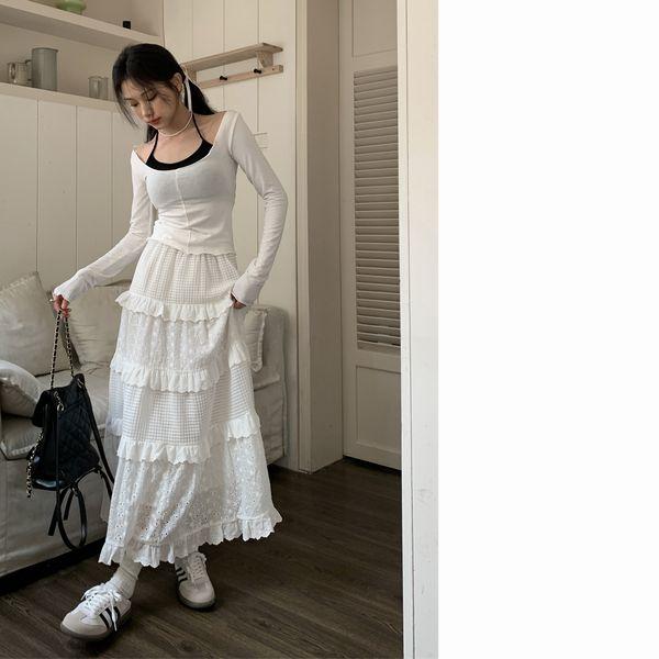 Aライン フレア レース ティアード マキシ丈 ロングスカート