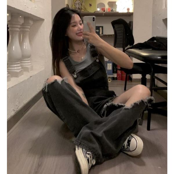 デニム オーバーオール サロペット ダメージ加工 ワイドレッグ パンツ